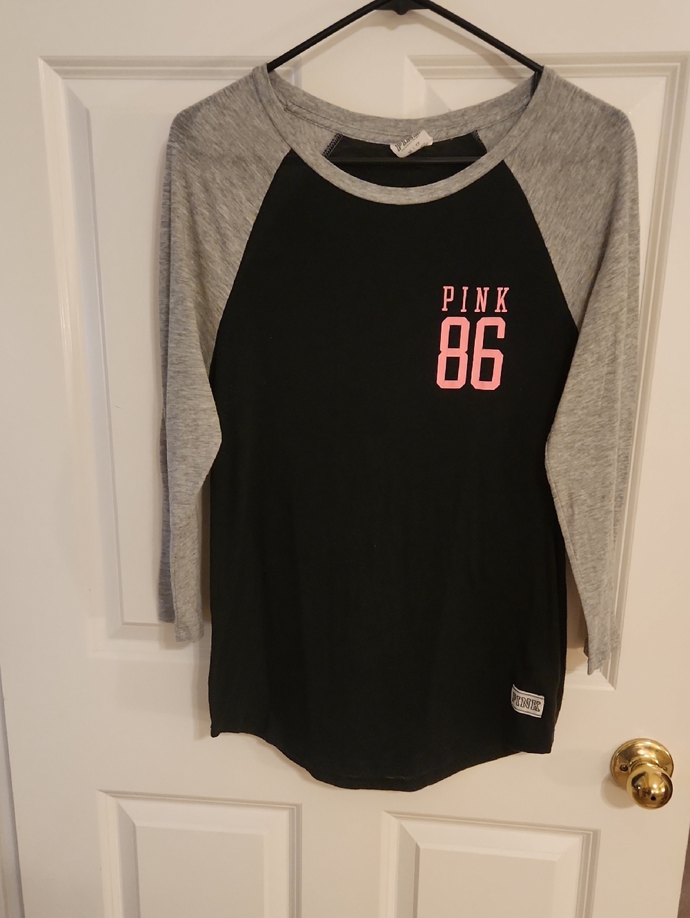 PINK Victoria's Secret Black & Gray Raglan Tee with Pink '86' Graphic